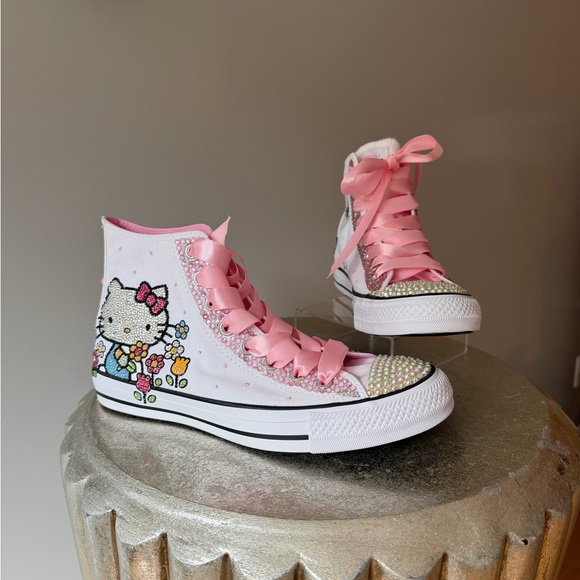 Converse - Hello Kitty White and Pink Bedazzled High-Top Sneakers - Picture 7 of 16